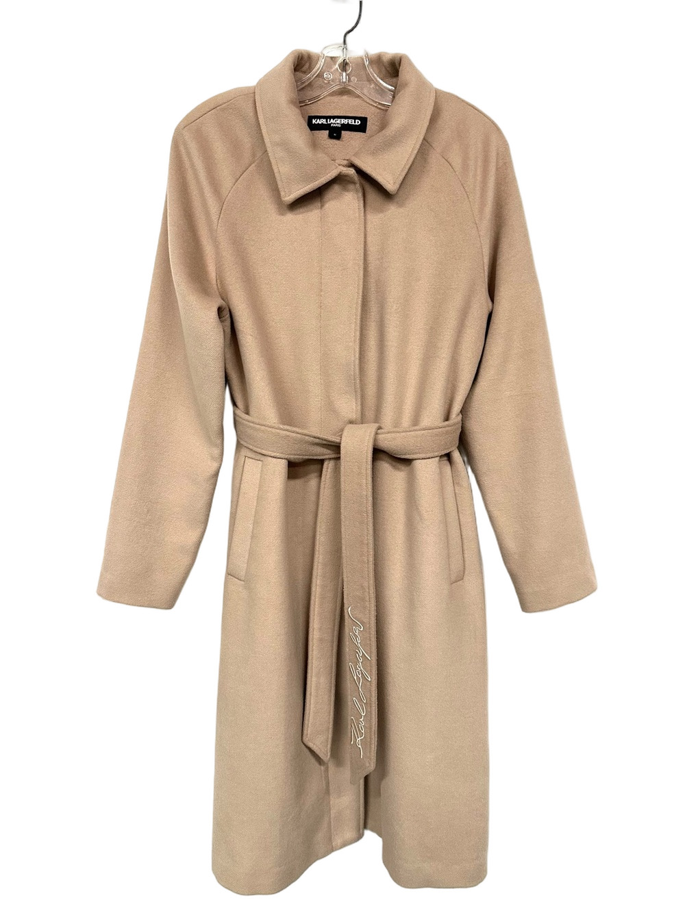 Karl Lagerfeld Paris Beige Wool Blend Belted Coat Medium Quiet Luxury Minimalist